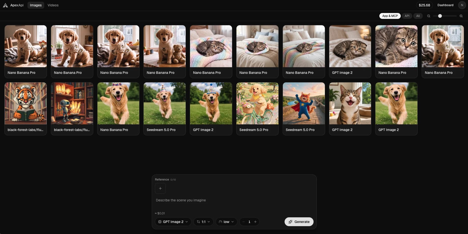 The ApexApi Images studio: gallery of past generations plus a composer showing the USD price before you generate