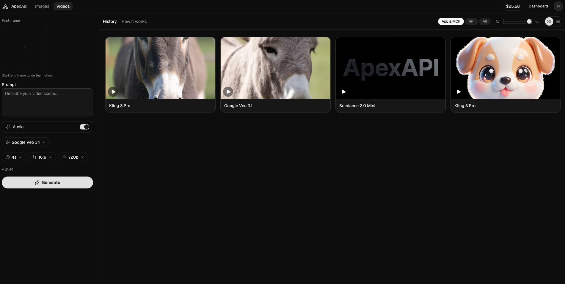 The ApexApi Videos studio: Veo 3.1 selected with duration, aspect and resolution controls, showing a $1.44 price before you generate