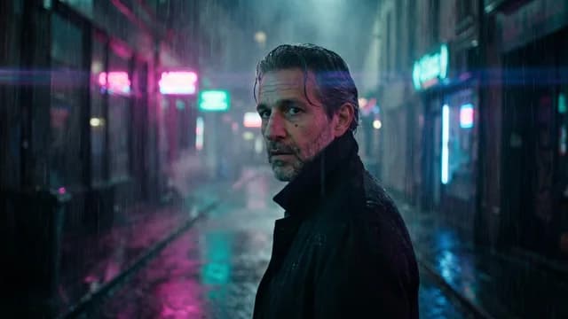 The same man in a rain-soaked neon alley
