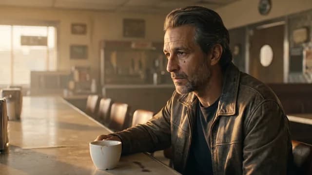 The same man at a diner counter at dawn