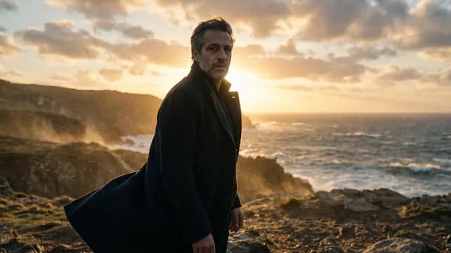 The same man on a coastal cliff at sunset