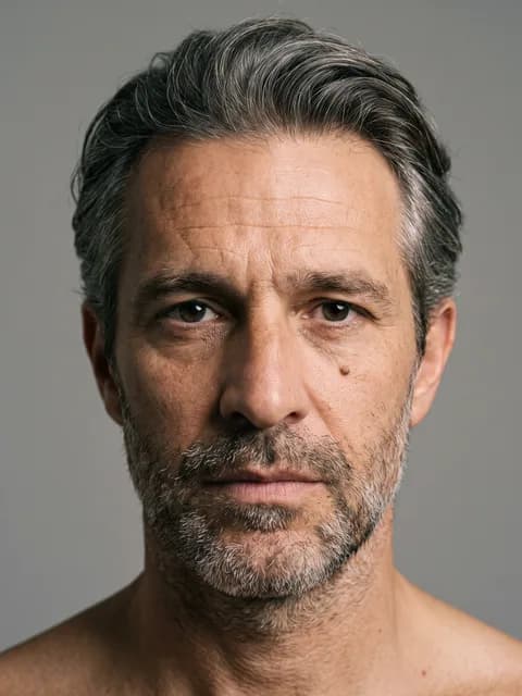 A casting reference portrait of a man with a short grey beard