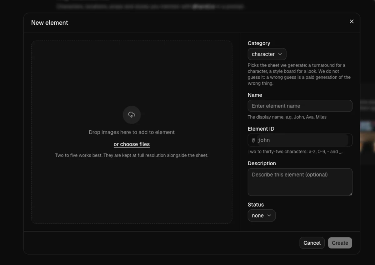 The New element dialog: drop images, pick a category, name it, and choose its @handle
