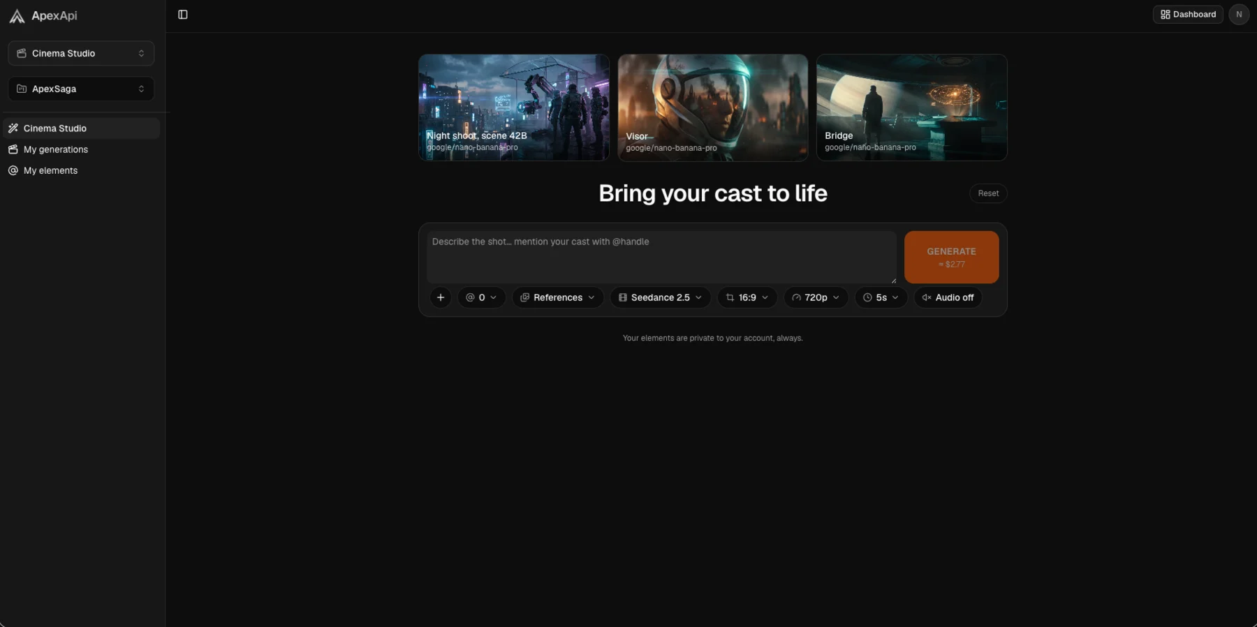 Cinema Studio with a project open: the cast sidebar, three shots, and a composer showing the dollar price on the Generate button