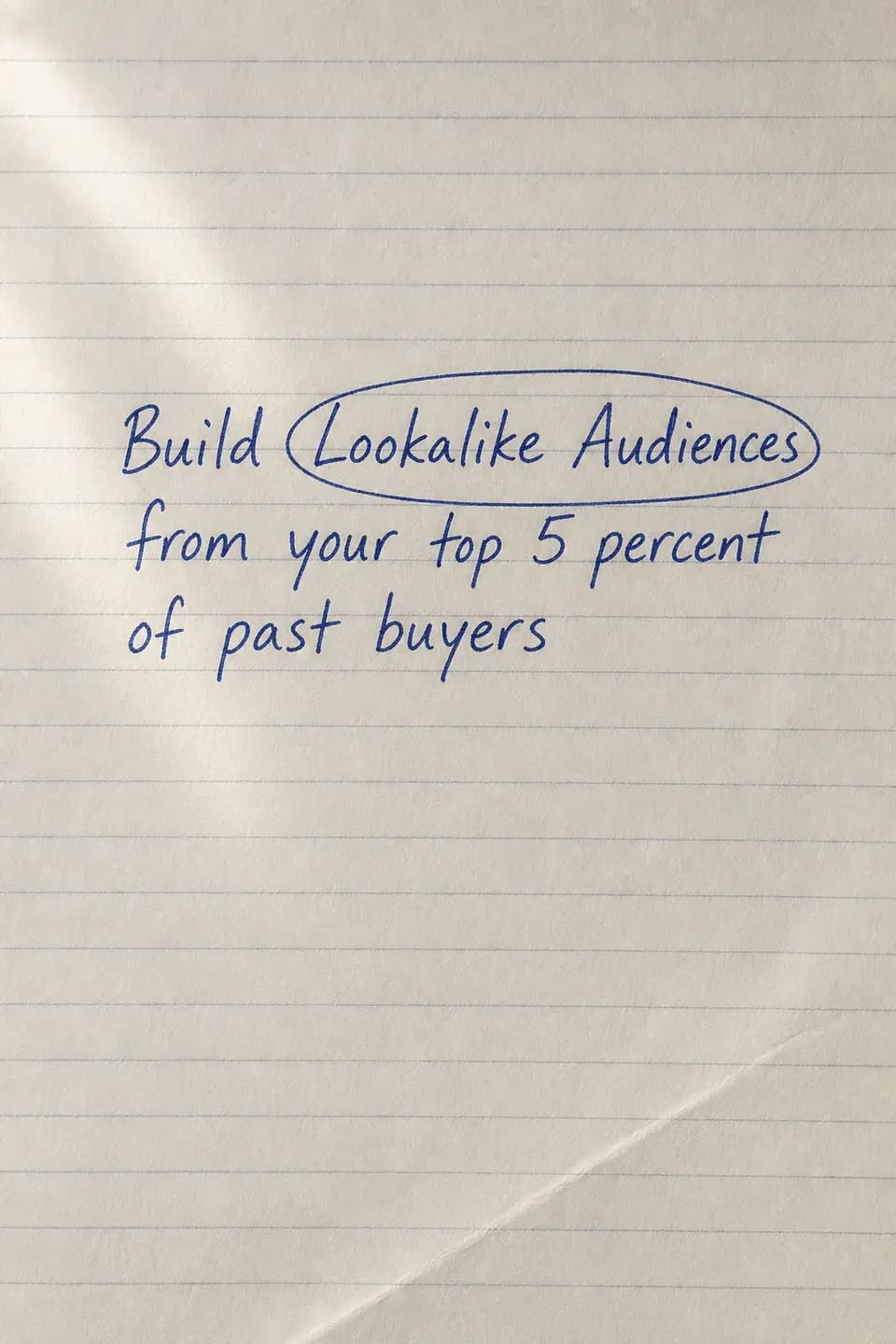 Handwritten tip card on lined paper reading: Build Lookalike Audiences from your top 5 percent of past buyers