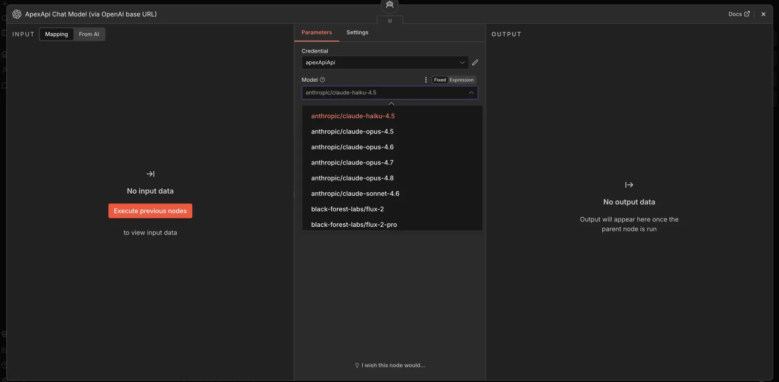 Switch the model on the ApexApi node in n8n by changing one field