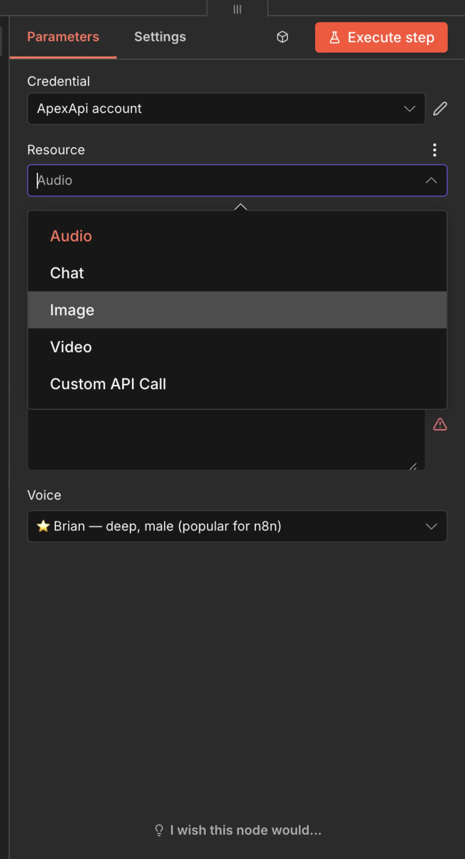 The ApexApi node in n8n: pick chat, image, video, or audio from one node