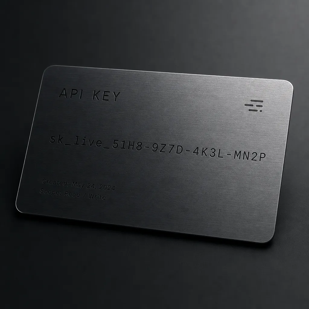An image generated through the ApexApi MCP with GPT Image 2, a brushed-metal API key card