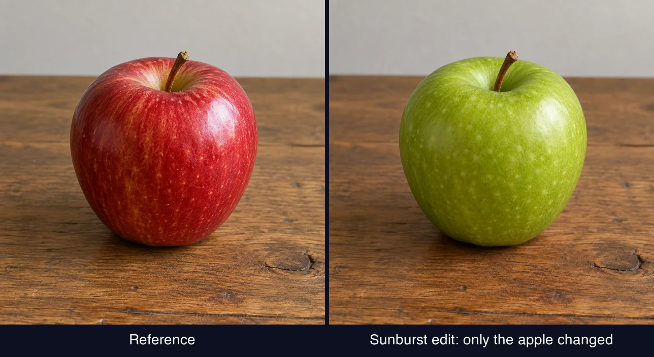 A red apple on a wooden table, and the same scene edited by GPT Image 2.5 Sunburst so only the apple turned green