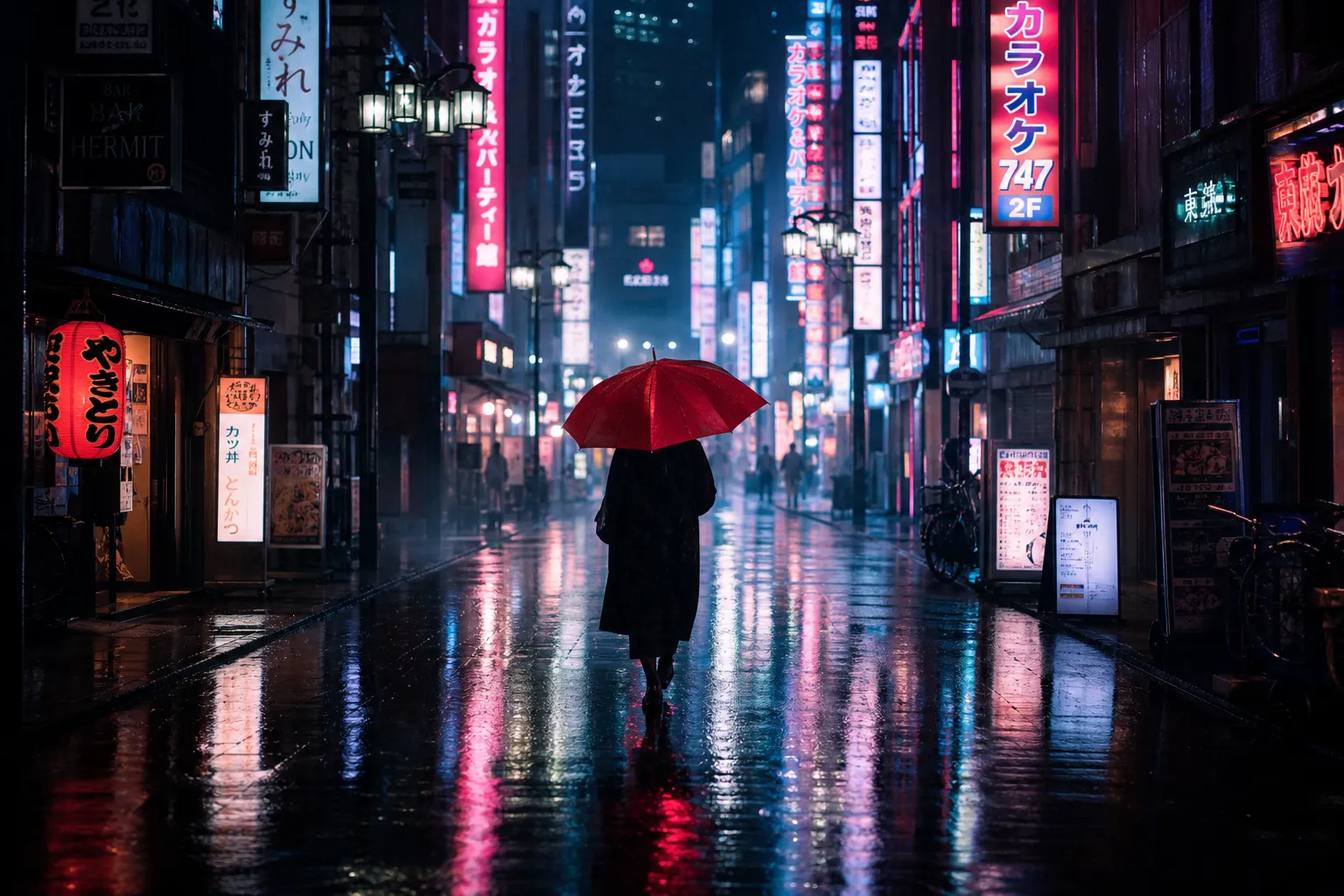 GPT Image 2 cinematic example: a red umbrella on a neon-lit rainy Tokyo street at night