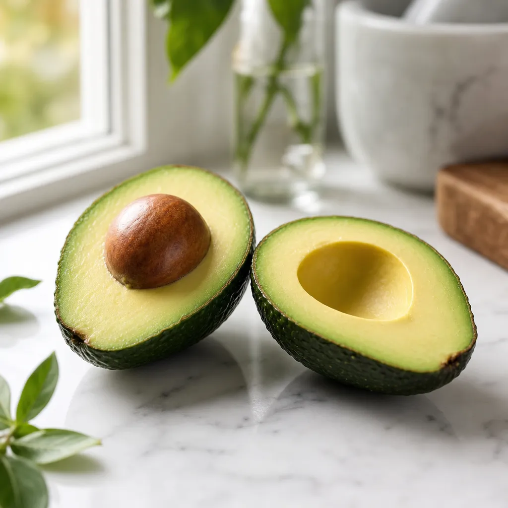 GPT Image 2 food photography example: a halved avocado on marble in morning light