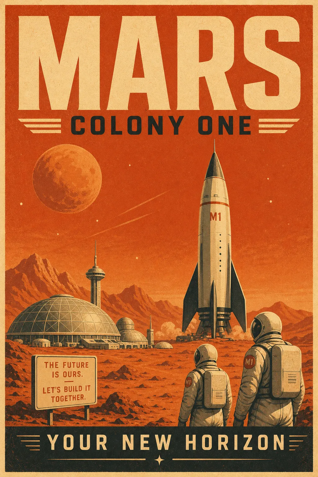 GPT Image 2 text rendering example: a retro Mars travel poster reading MARS COLONY ONE