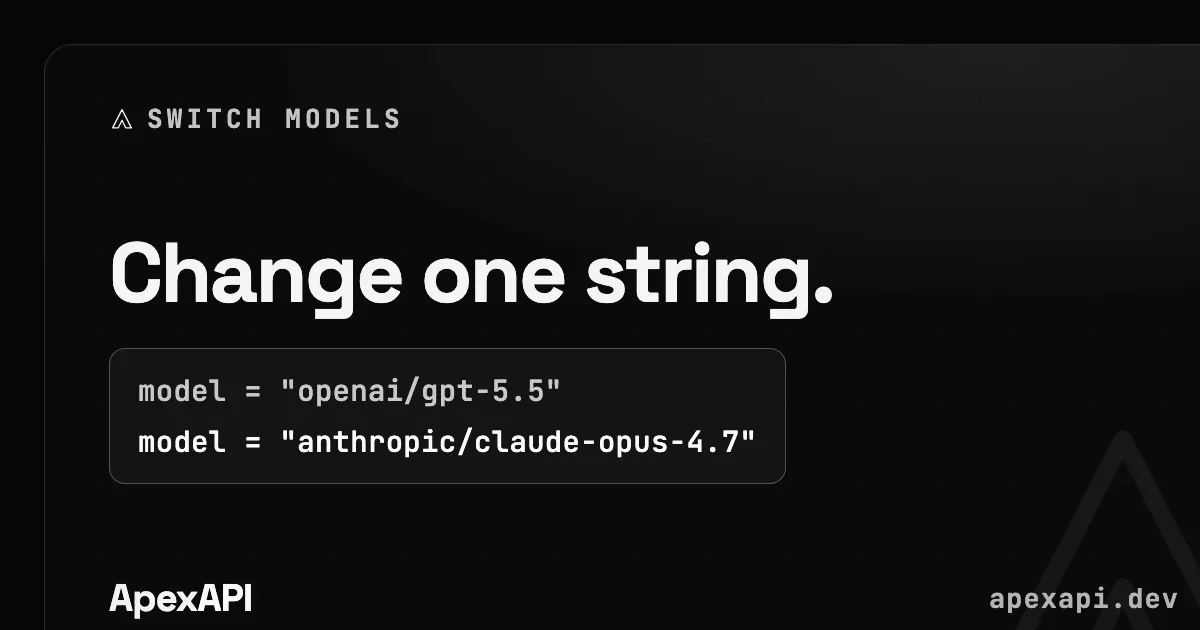 Switching the model slug from openai/gpt-5.5 to anthropic/claude-opus-4.7 on ApexApi